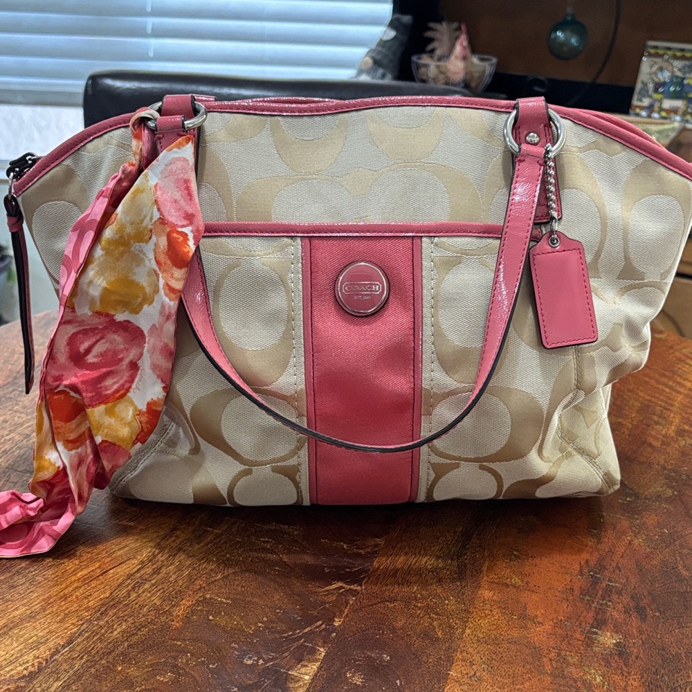 Coach F21899 Signature Stripe Pocket Tote Khaki and Mulberry Handbag
